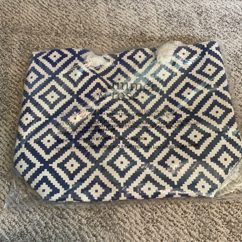 Blue and natural patterned tote